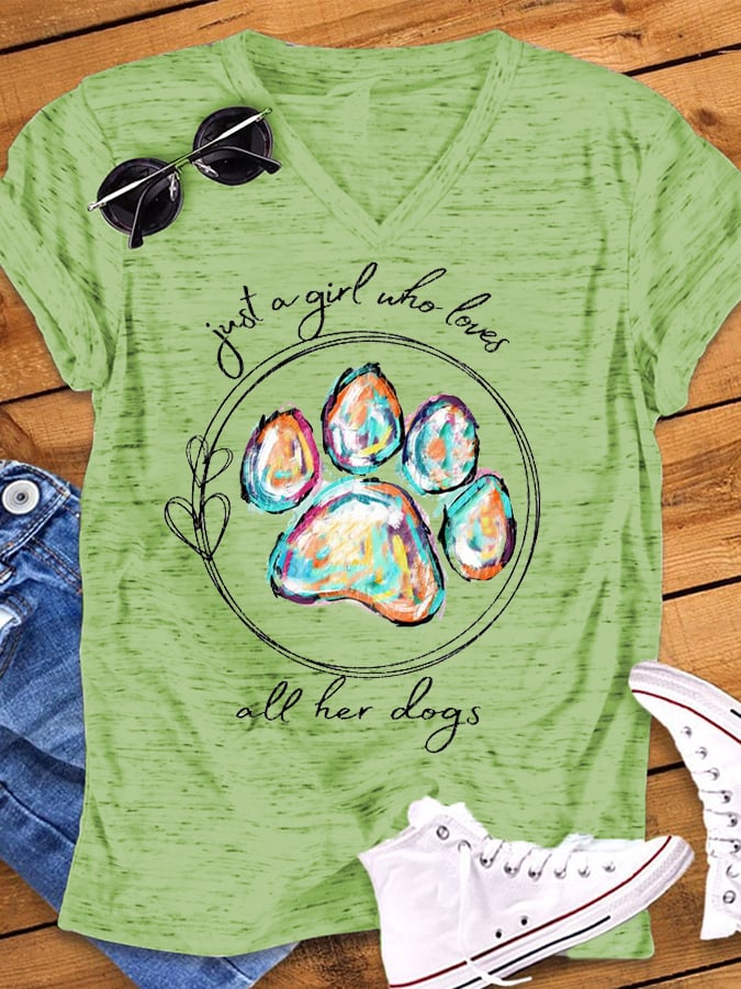 Women's Paws Just A Girl Who Loves All Her Dogs Print Snowflake Dot V-Neck T-Shirt