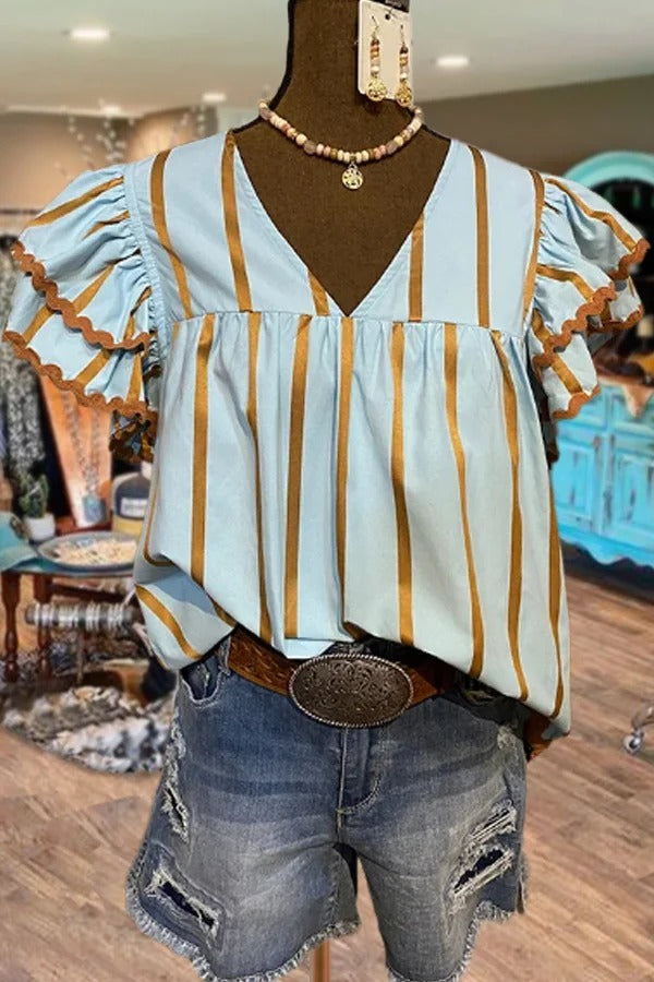 Striped V-Neck Ruffle Sleeve Top