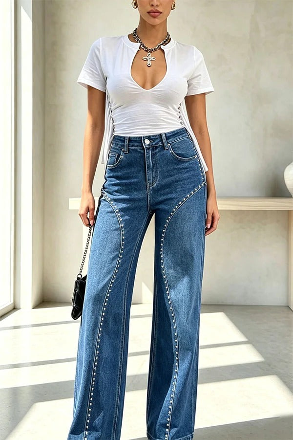 Trendy and Unique Denim Beaded High Rise Pocket Straight Leg Jeans