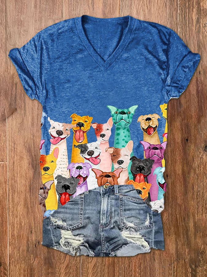 T-shirt col V imprimé chiens colorés et amusants pour femme