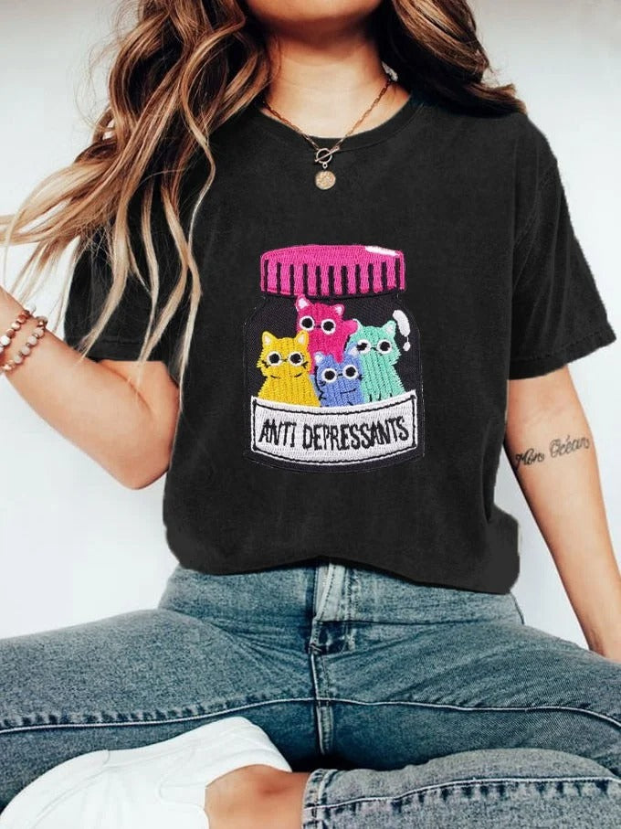 T-shirt imprimé chat amusant pour femme, antidépresseurs, santé mentale