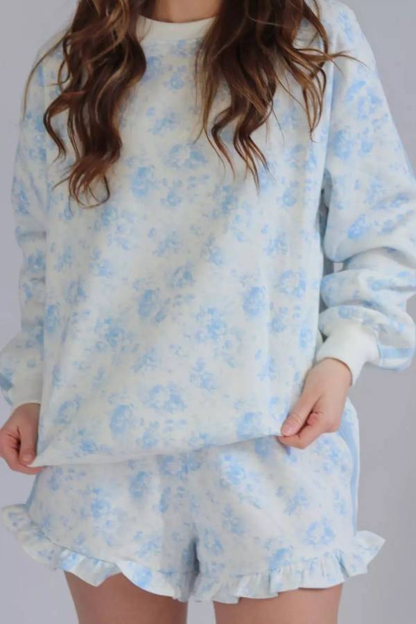 Floral Print Long Sleeve Sweatshirt and Shorts Set