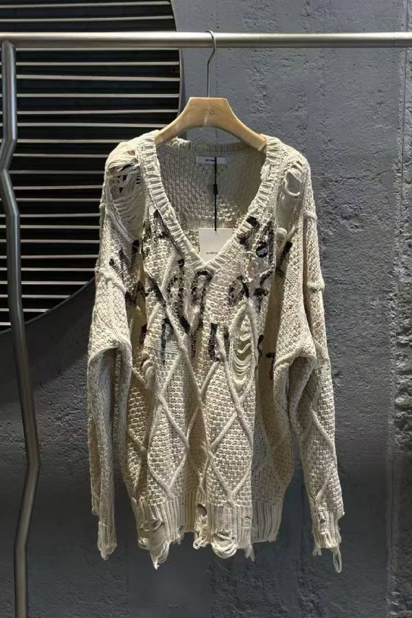 Distressed Ripped Letter V‑Neck Argyle Sweater