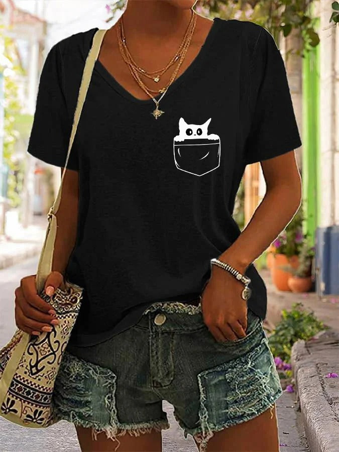T-shirt col V imprimé chat noir humoristique pour femme