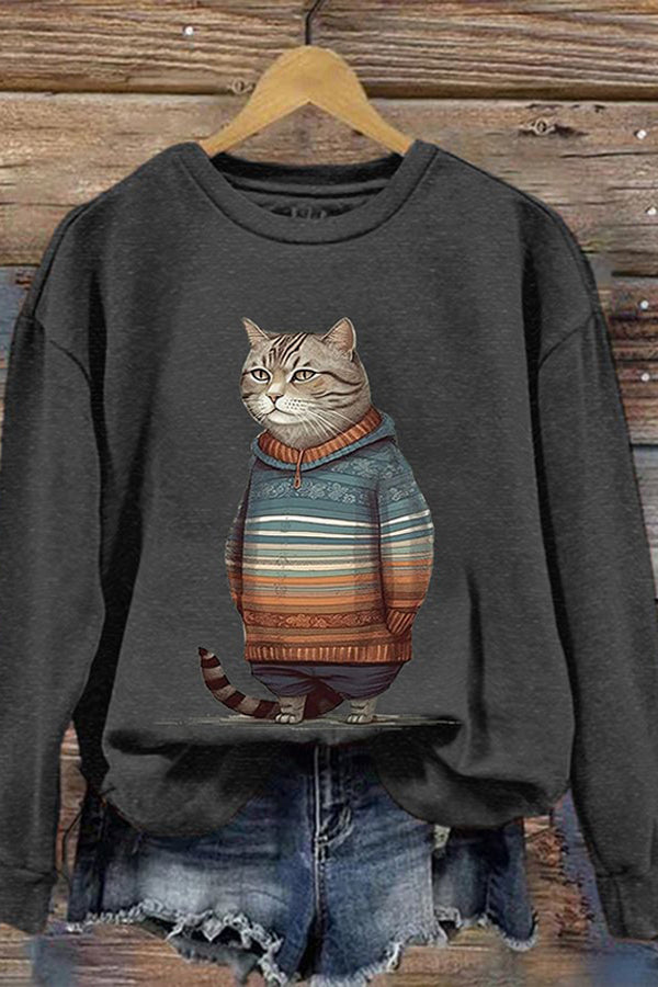 Women's Winter Cat Print Crew Neck Sweatshirt