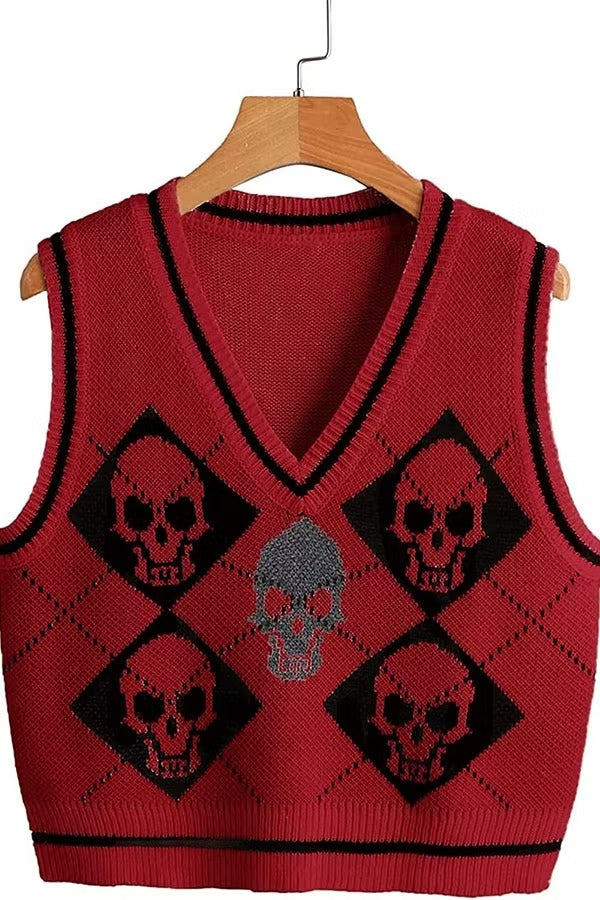 Halloween Skull Argyle Knit Sweater Vest