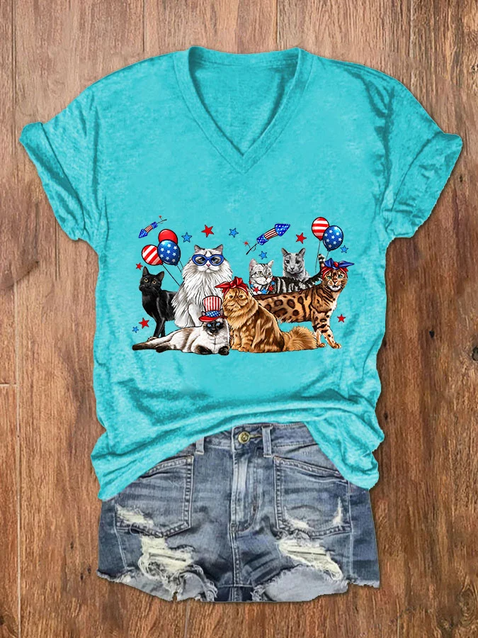 T-shirt col V imprimé chats pour femme, fête de l'indépendance