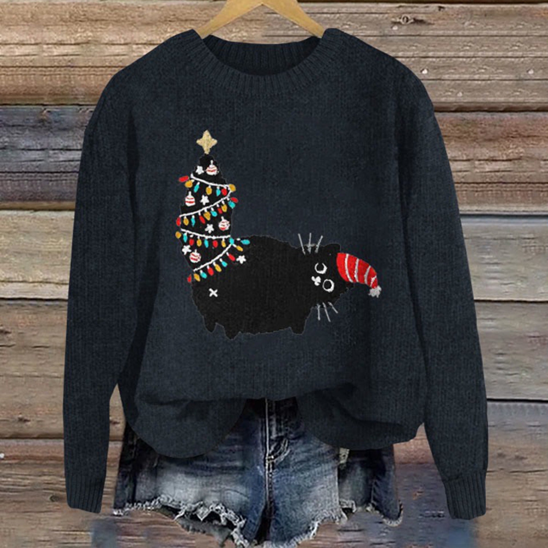 Round neck heat-printed long-sleeved sweater