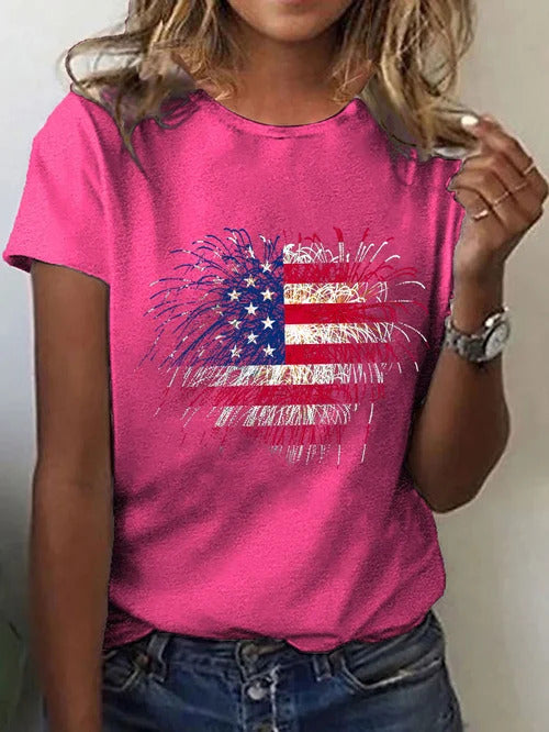 Women's Independence Day Love Fireworks Flag Print T-Shirt
