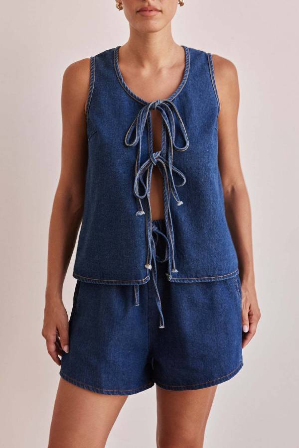 Front Tie Cutout Denim Vest & High Waist Shorts Two Piece Set