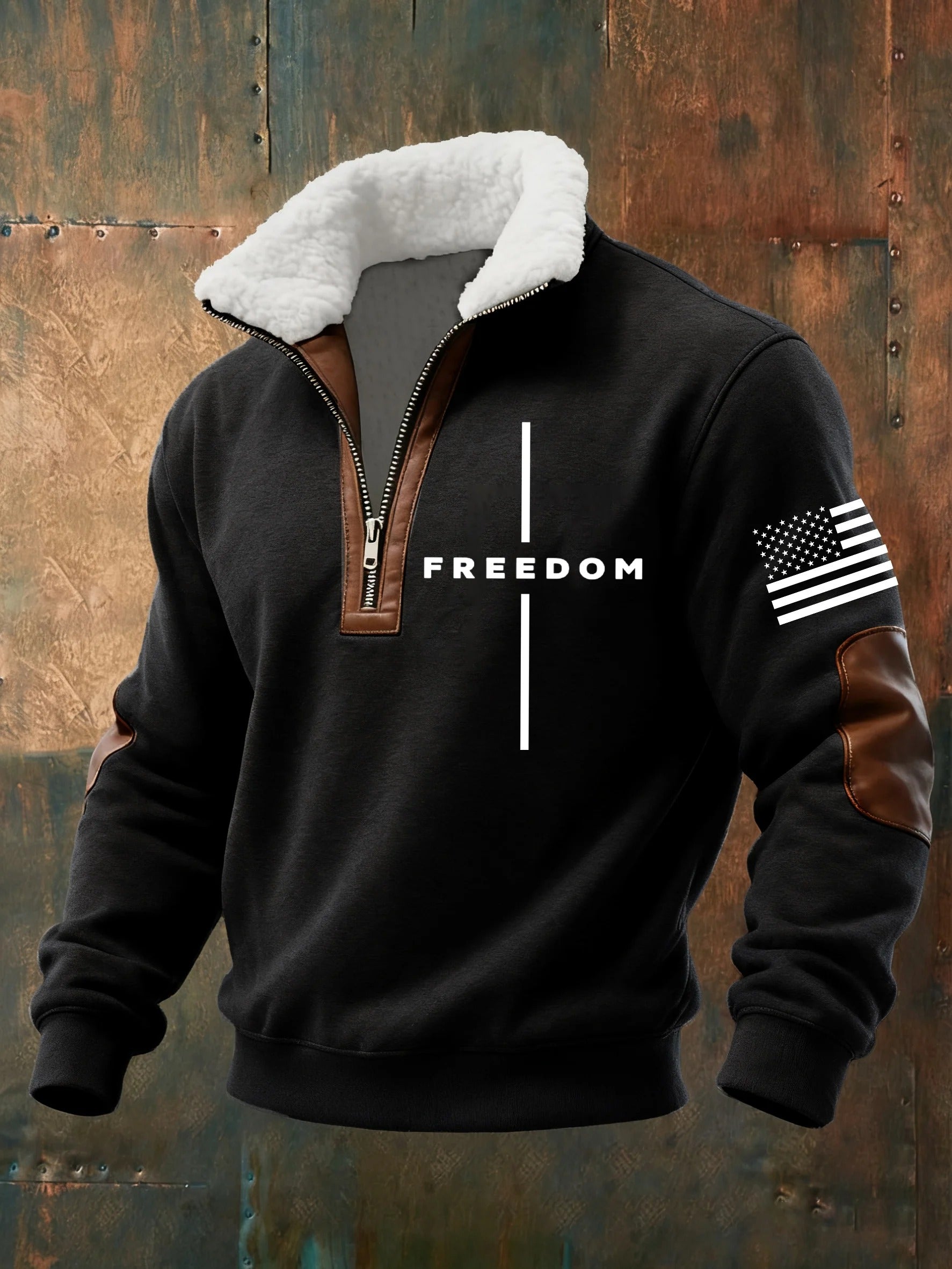 Men's Casual Freedom Flag Faith Retro Fur Collar Sweatshirt