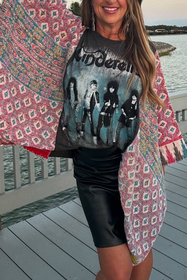 Boho Rock Patchwork Wide Sleeve Band Print Top