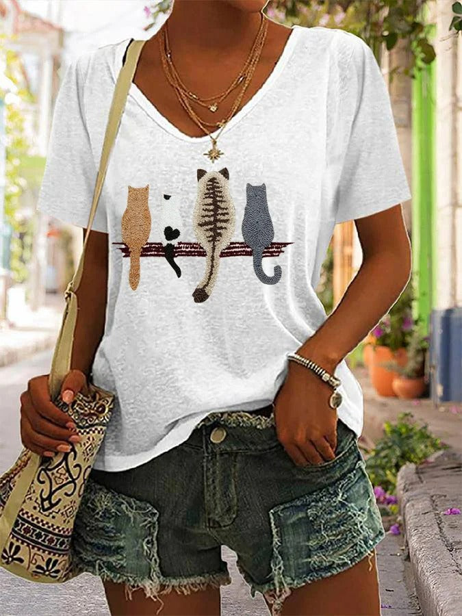 T-shirt col V à imprimé chat pour femme