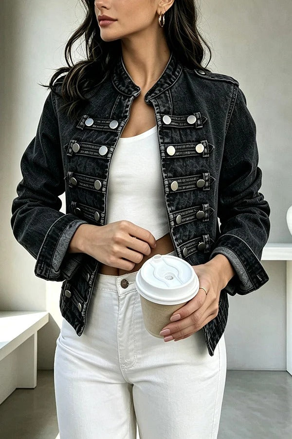 Napoleon-style Denim Stand Neck Metal Buttons Long Sleeve Jacket