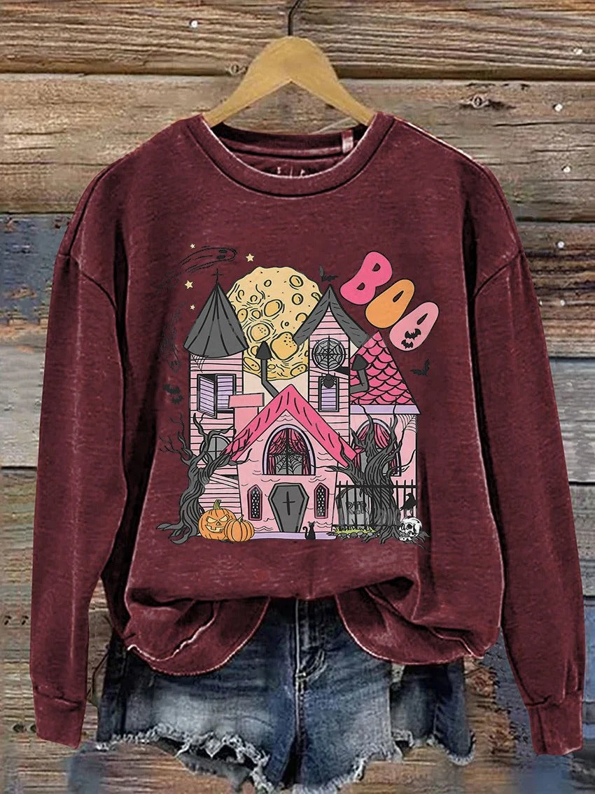 Sweat-shirt imprimé décontracté Castle Ghost Boo Halloween