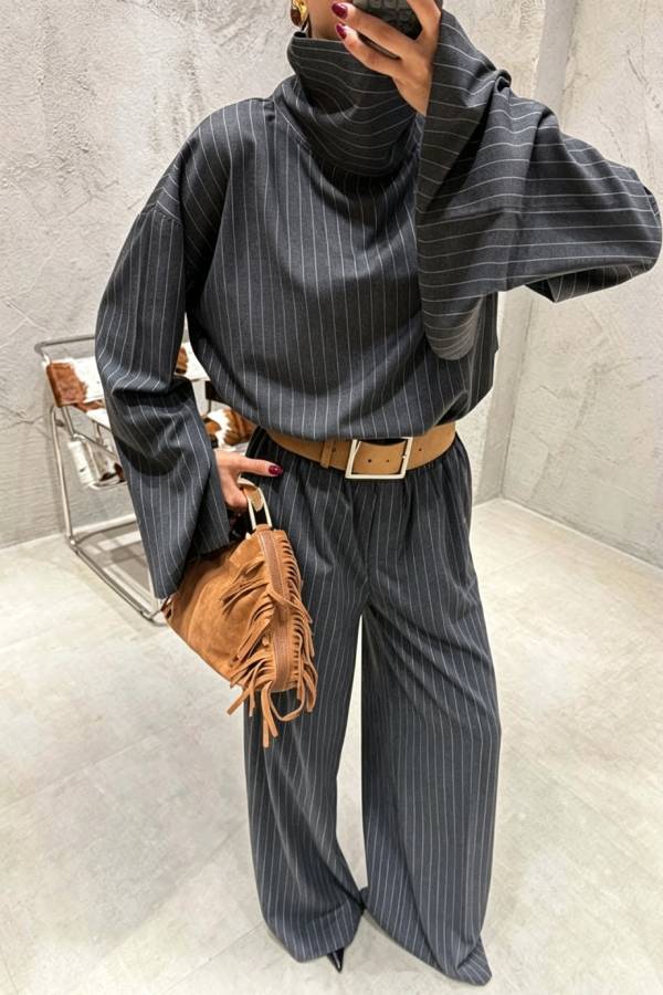 High Level Striped High Neck Long Slit Sleeve Top and Elastic Waist Pocket Loose Pants Set