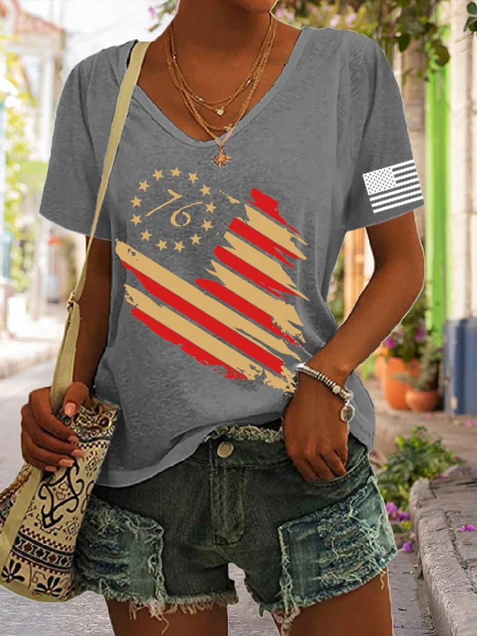 T-shirt décontracté à imprimé drapeau vintage pour femme