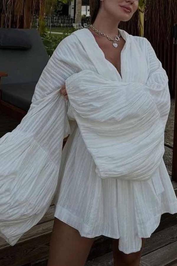 Vacation Textured Puff Sleeve Kimono & Shorts Two‑Piece Set