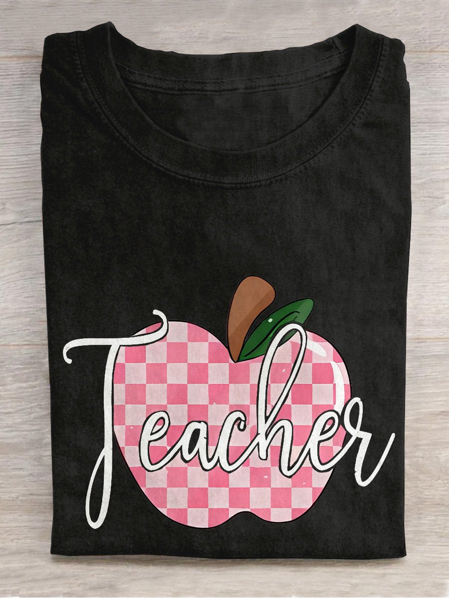 Plaid Teacher Apple Casual Print T-shirt