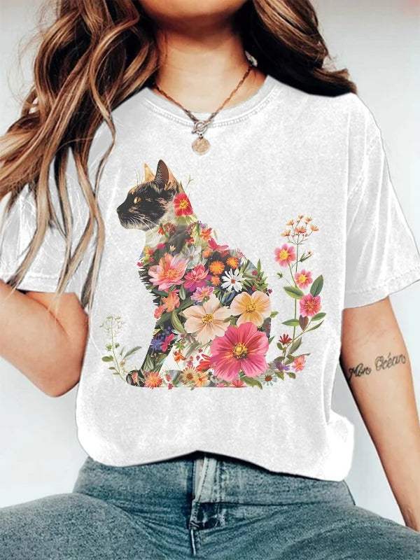 T-shirt imprimé chaton fleuri mignon pour femme