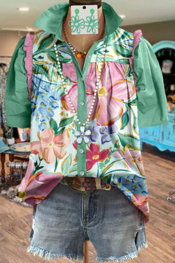 Haut à manches bouffantes et col à imprimé floral