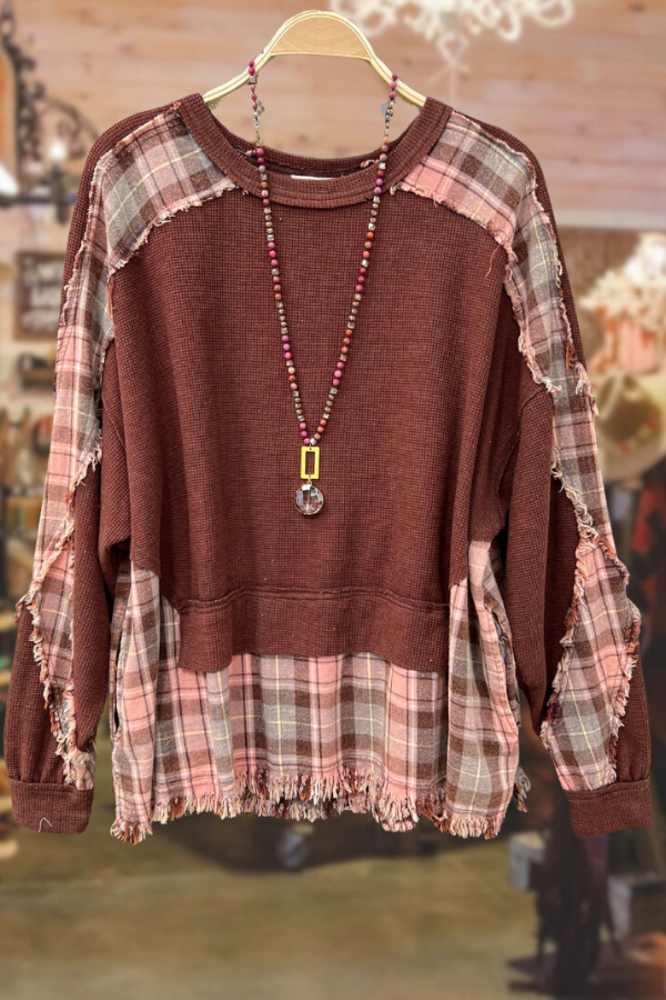 Patchwork Washed Plaid+Waffle Sweatshirt