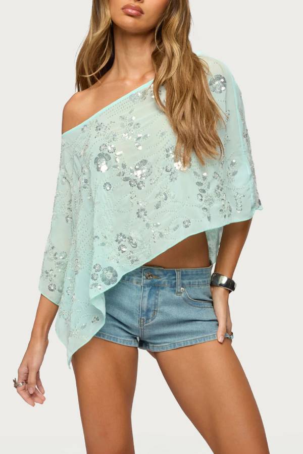 One Shoulder Irregular Sequin Mesh Cover Up Top, Boho Holiday Asymmetrical Crop Blouse