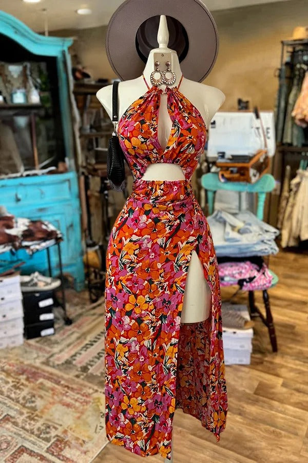Botanical Print Tied Backless Cutout Slit Dress