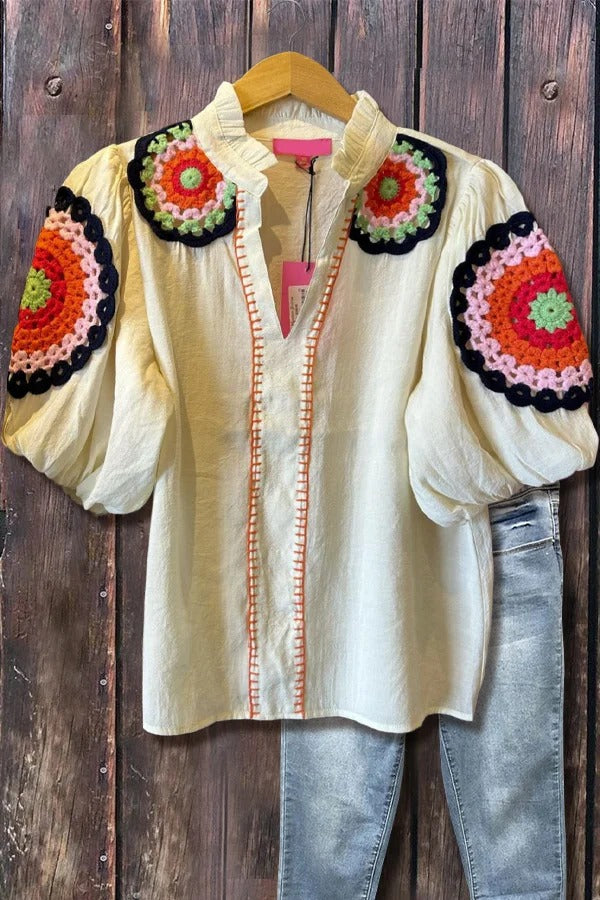 Casual V-Neck Crochet Bubble Sleeve Top