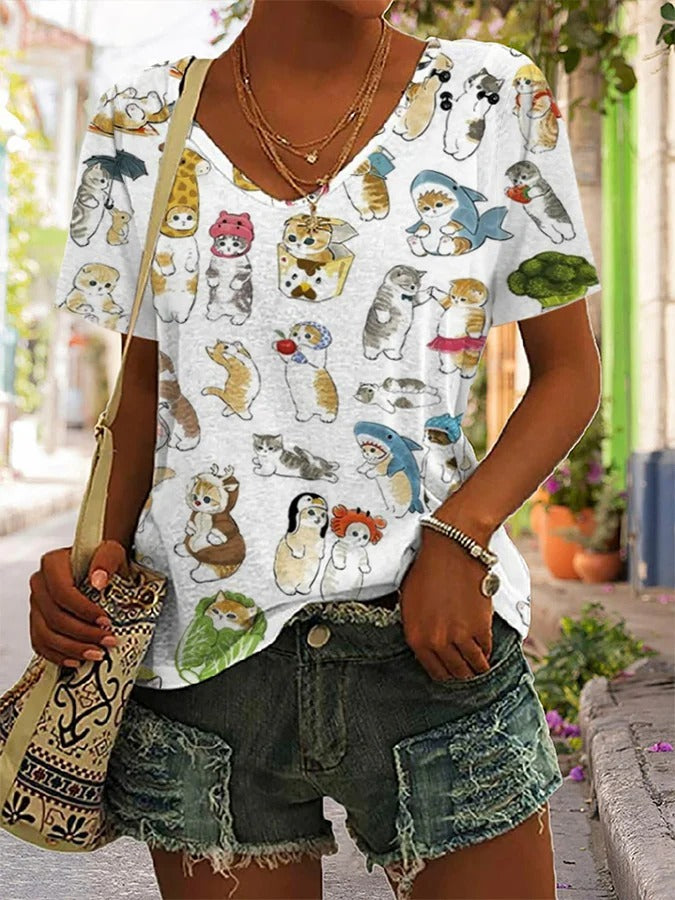 T-shirt décontracté à col en V et imprimé chat pour femme