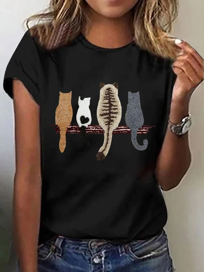 T-shirt décontracté imprimé chat pour femme