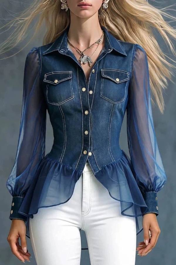 Spliced Sheer Organza Waist-Cinched Ruffle Hem Denim Shirt Top
