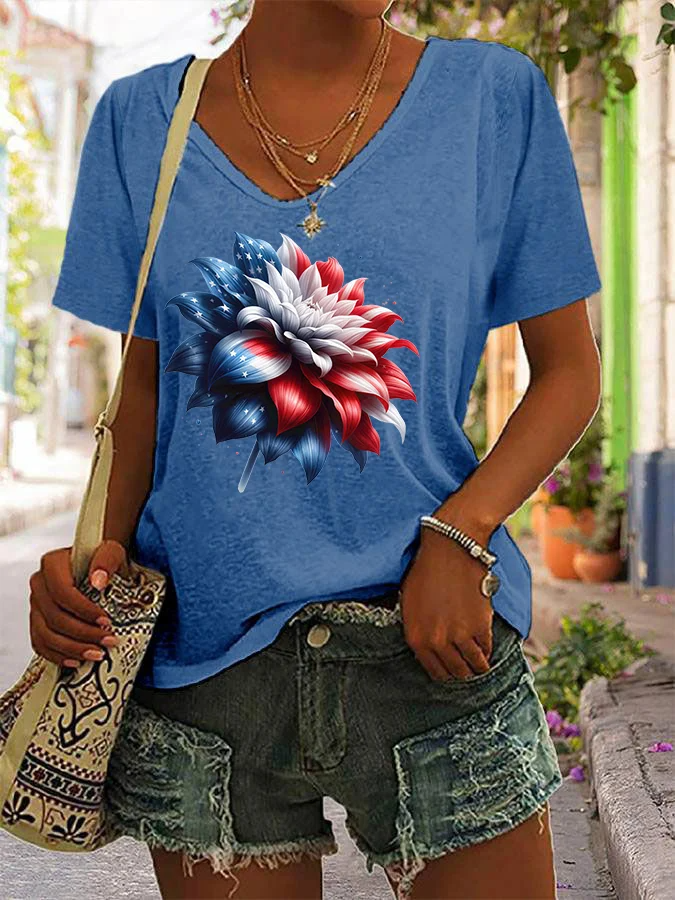 T-shirt col V à imprimé floral pour femme, fête de l'indépendance
