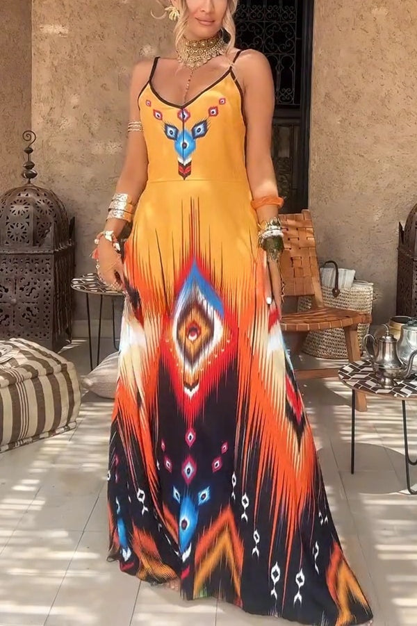 Unique Printed Suspender V-neck Loose Maxi Dress