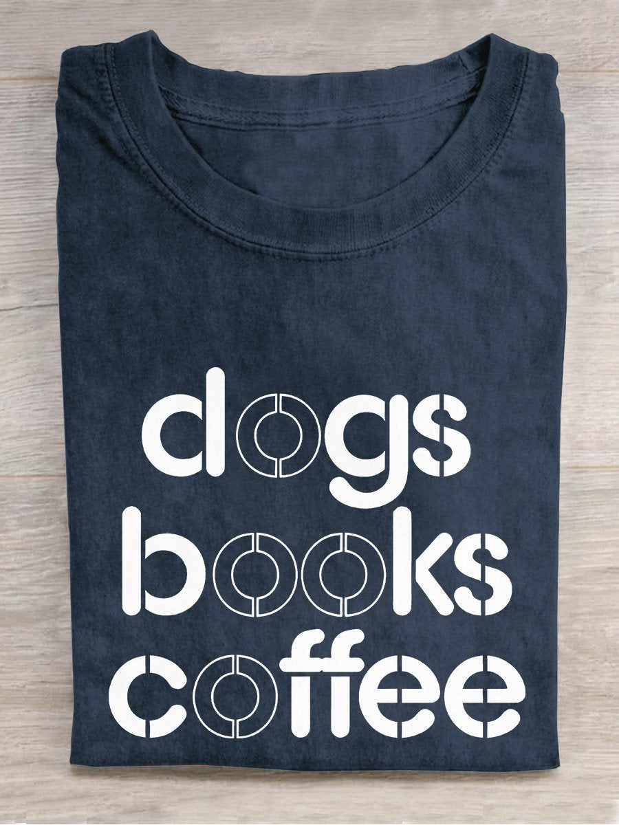 Dog Book and Coffee Casual Print T-shirt