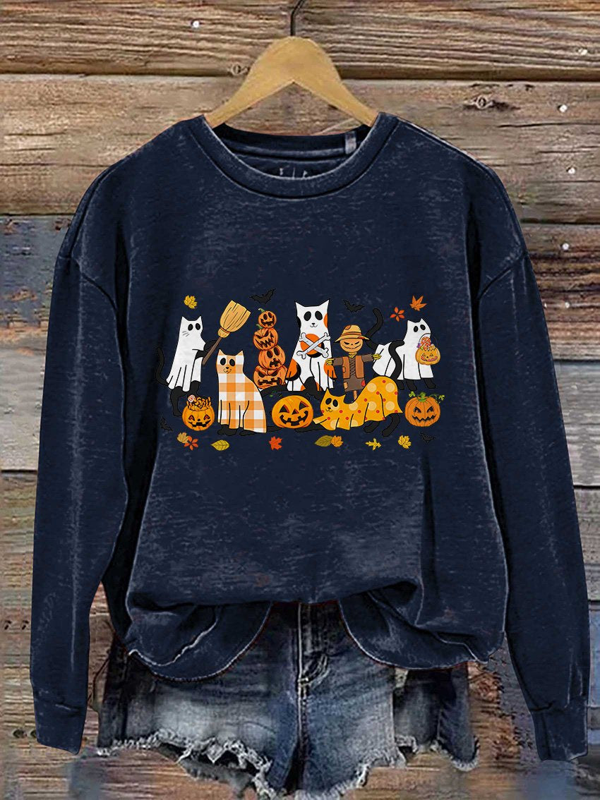 Schwarzes Sweatshirt mit Halloween-Geisterkatzen-Print