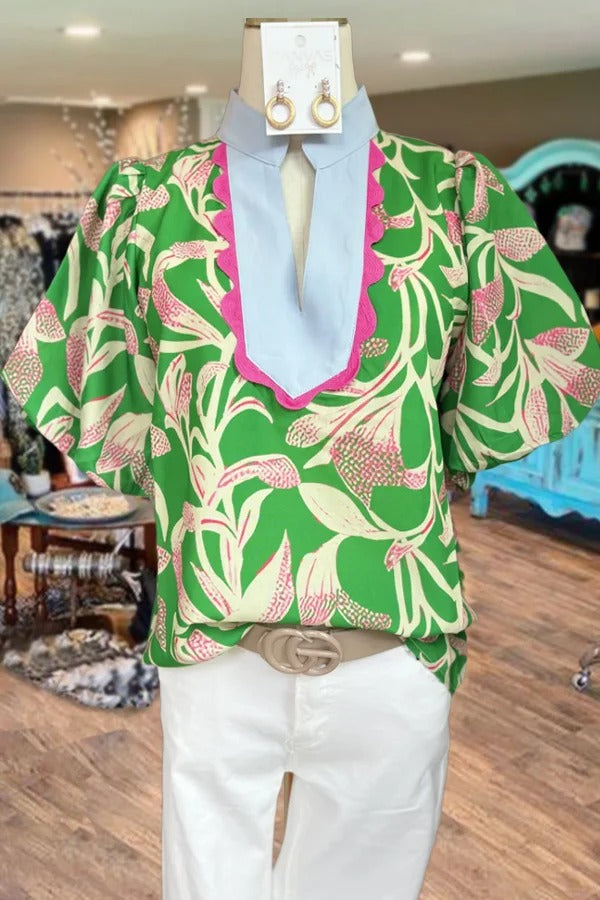 Haut à manches bouffantes et col festonné à imprimé floral contrasté