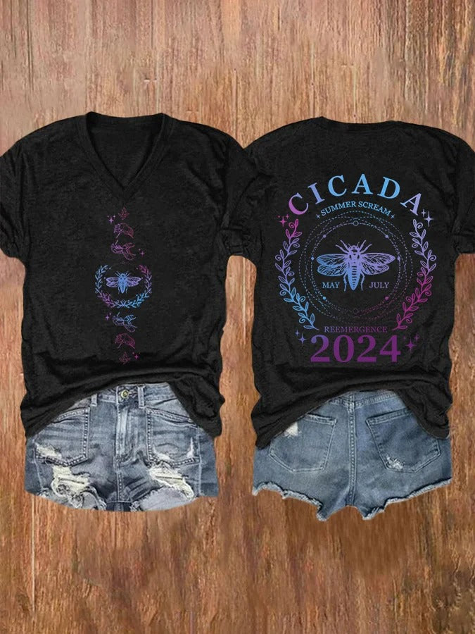 T-shirt col V imprimé Cicada Scream pour femme, été, mai, juillet, réémergence 2024