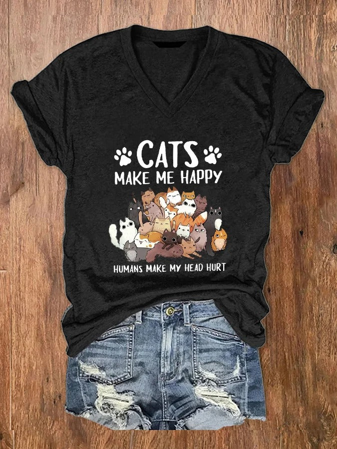 T-shirt col V imprimé « Les chats me rendent heureuse, les humains me font mal à la tête » pour femme