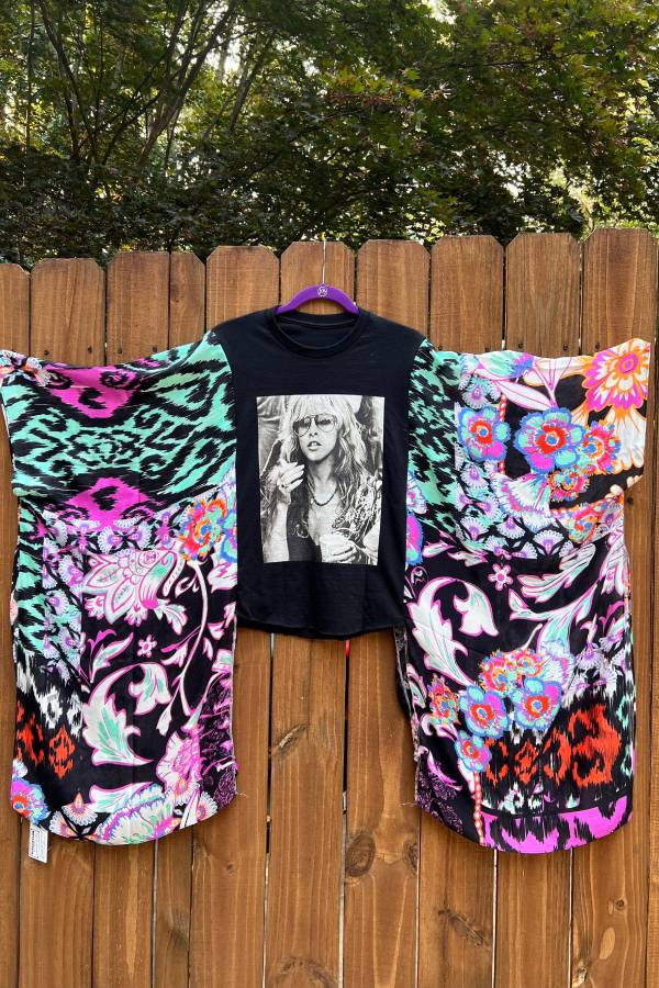 Stevie Nicks Mixed Print Patchwork Kimono Sleeve Crop T-Shirt