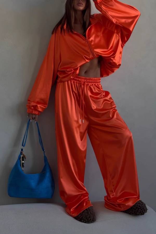 Shiny Satin Cropped Zip Jacket Wide Leg Track Pants Two Piece Y2K Casual Co-Ord Set