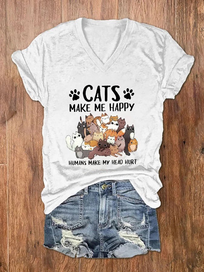 T-shirt col V imprimé « Les chats me rendent heureuse, les humains me font mal à la tête » pour femme