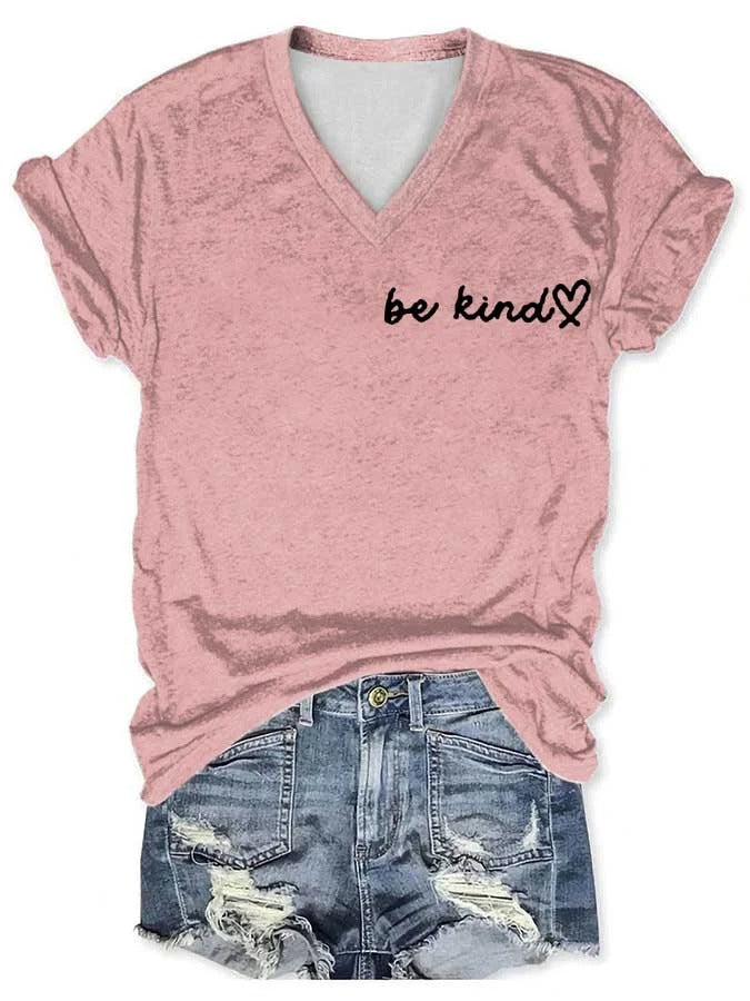 Damen-T-Shirt mit V-Ausschnitt und „Be Kind The World Is A Better Place With You In It“-Aufdruck, kurzärmlig
