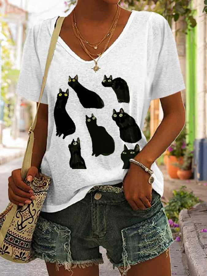 T-shirt décontracté à col en V et imprimé chat pour femme