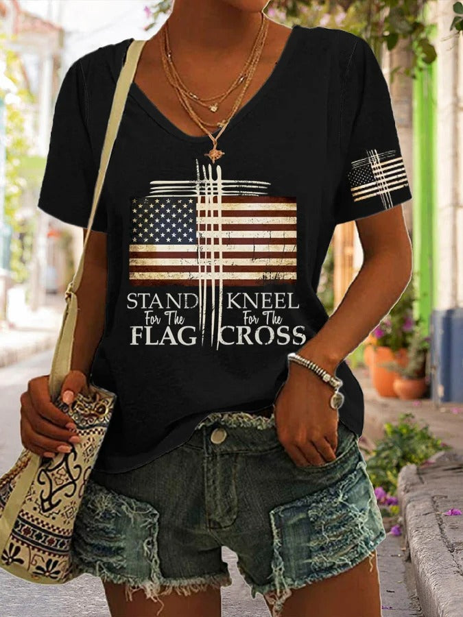 Women's Stand For The Flag Kneel For Cross Love USA Print T-shirt