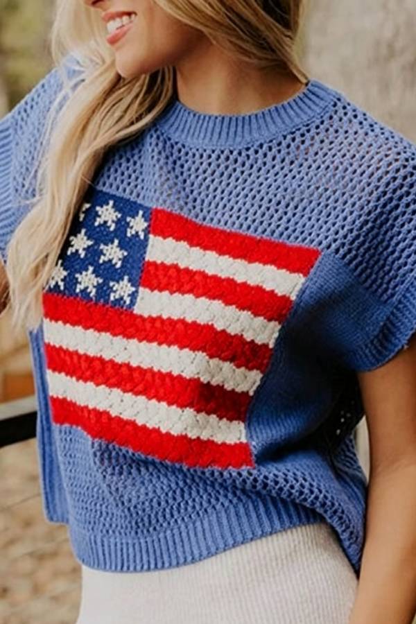 American Flag Hollow‑Out Knit Vest Top