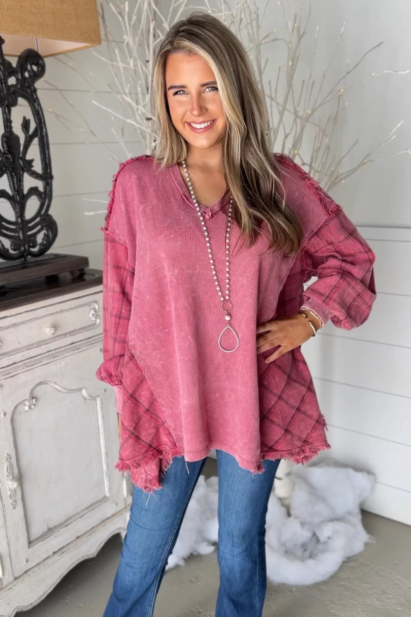 Multicolor plaid asymmetric V-neck T-shirt