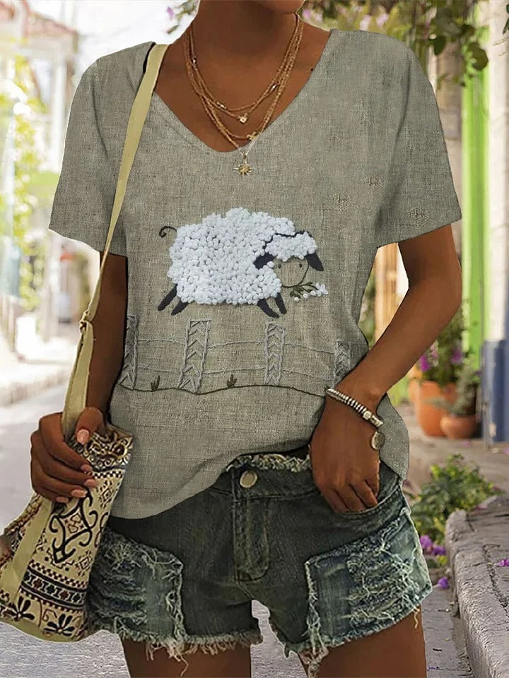 T-shirt col V imprimé animaux de la ferme pour femme