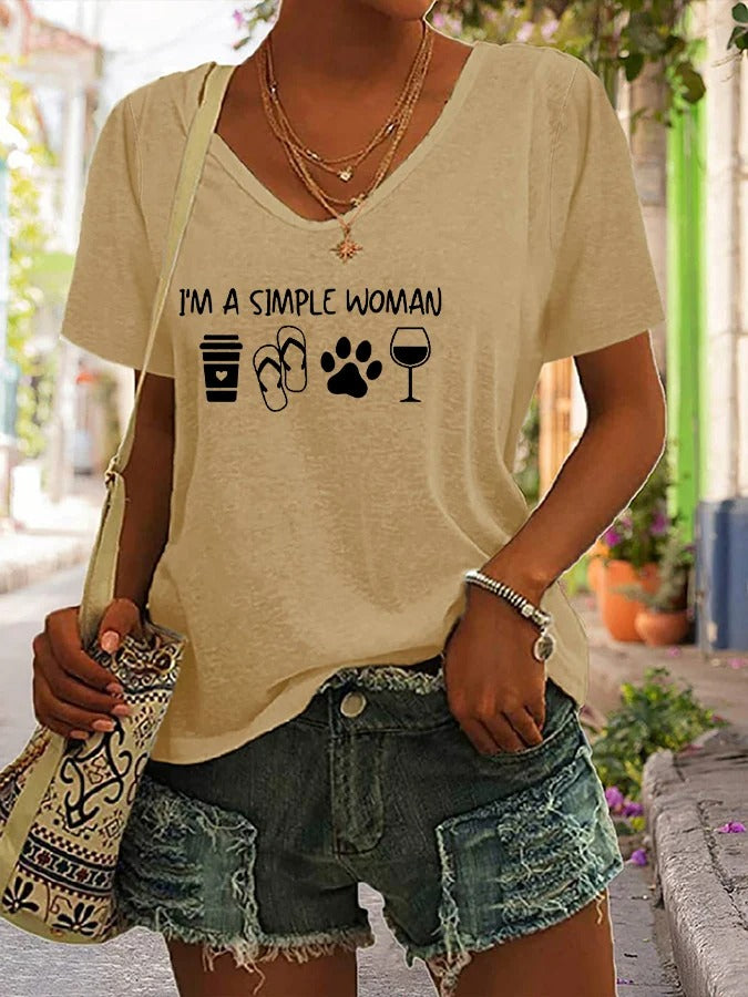 T-shirt décontracté à col en V pour femme avec imprimé pattes de chien « I'm A Simple Woman »