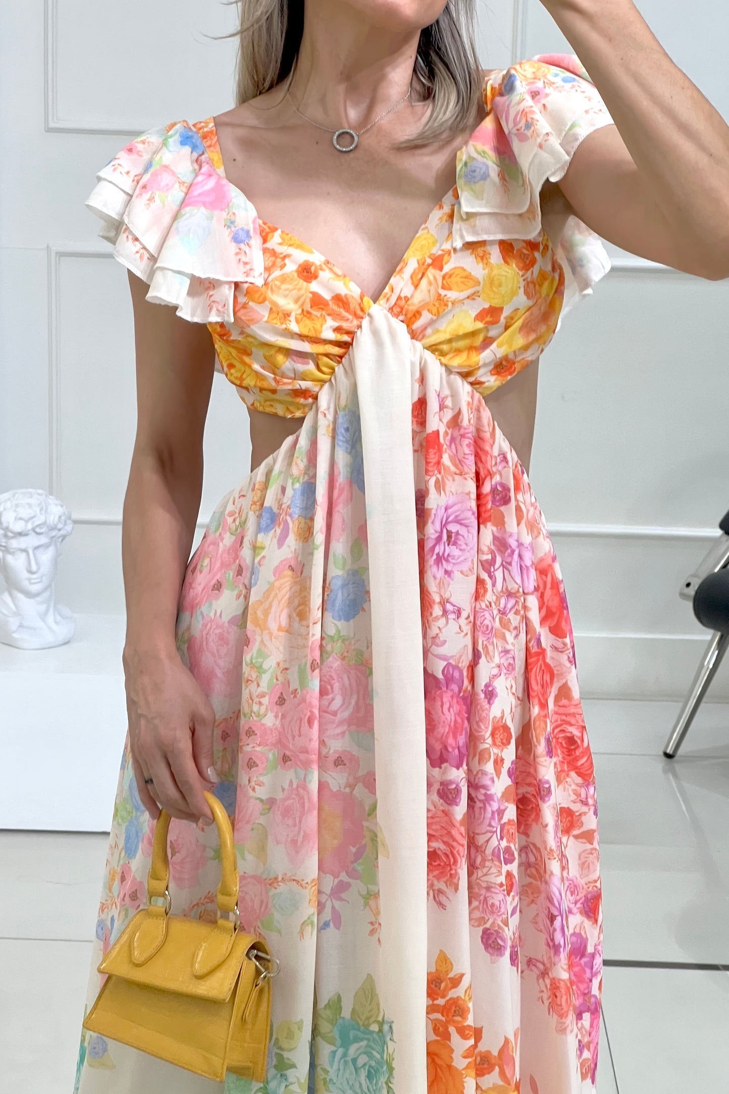 Blooming Beauty Multicolor Floral Frill Cutout Back Tie-Up Maxi Dress